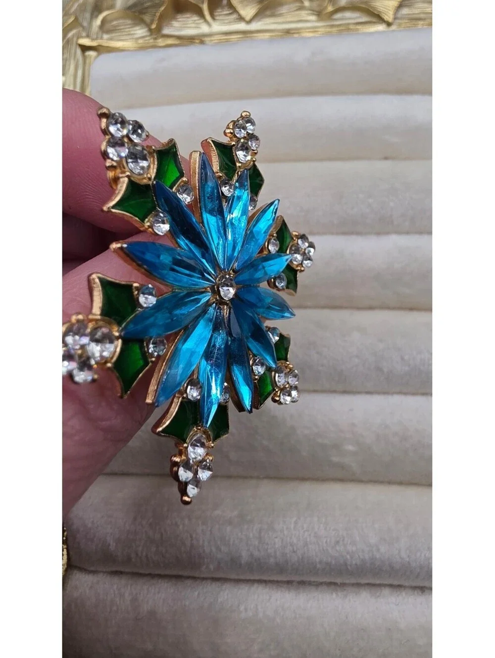 14k Gold Plated Blue Rhinestone Snowflake Brooch